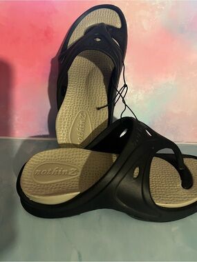 Black Slide Sandals with Beige Footbed — Women's Comfort Slides
